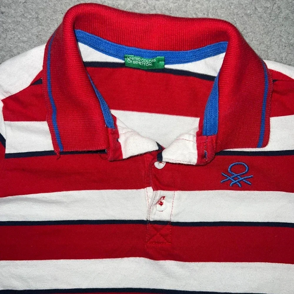 VTG United Colors of Benetton Shirt Youth Sz S Red White Stripe Polo Embroidered